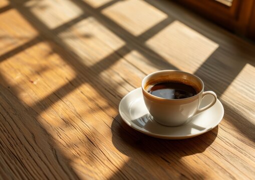 Black coffee Cup plate on wooden table with aesthetic window light shadow