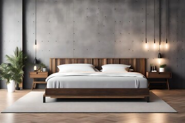 The interior design of loft bedroom and concrete wall texture background