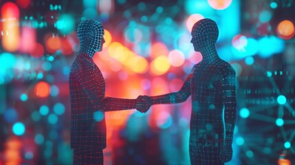 A holographic image of a handshake between two figures emphasizing the networking opportunities available at the virtual investment seminar.
