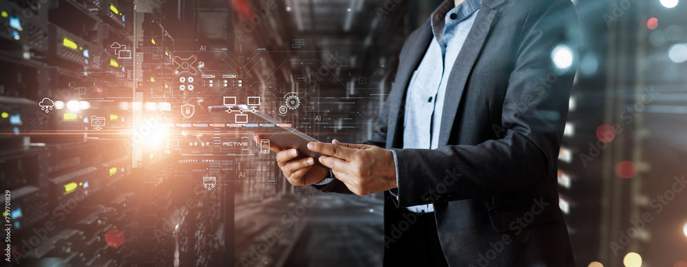 Aufkleber .Network engineer specialists use tablet working in data center server room storage systems and connected on global network, data analysis, Research and cyber security.