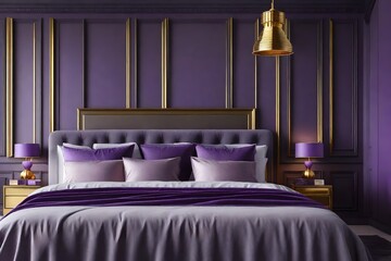 Gold lamp next to purple bed against grey wall with molding and poster