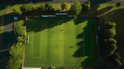 An overhead view of a computer-generated cricket field, showcasing the detailed of the pitch. 