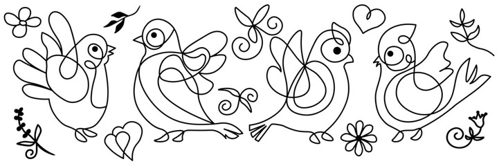 Vector set of cute birds. Linear style. For design.