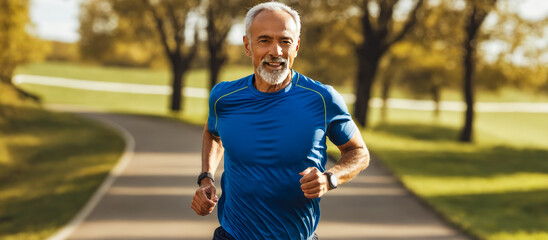 Senior man proves age is just number as he jogs energetically through scenic park. Sunlight filters through trees highlighting his athletic form, epitomizing active, healthy lifestyle in older age