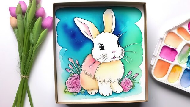 Watercolor illustration of a cute rabbit with flowers for invitations to children's birthday celebrations, greeting cards, Easter