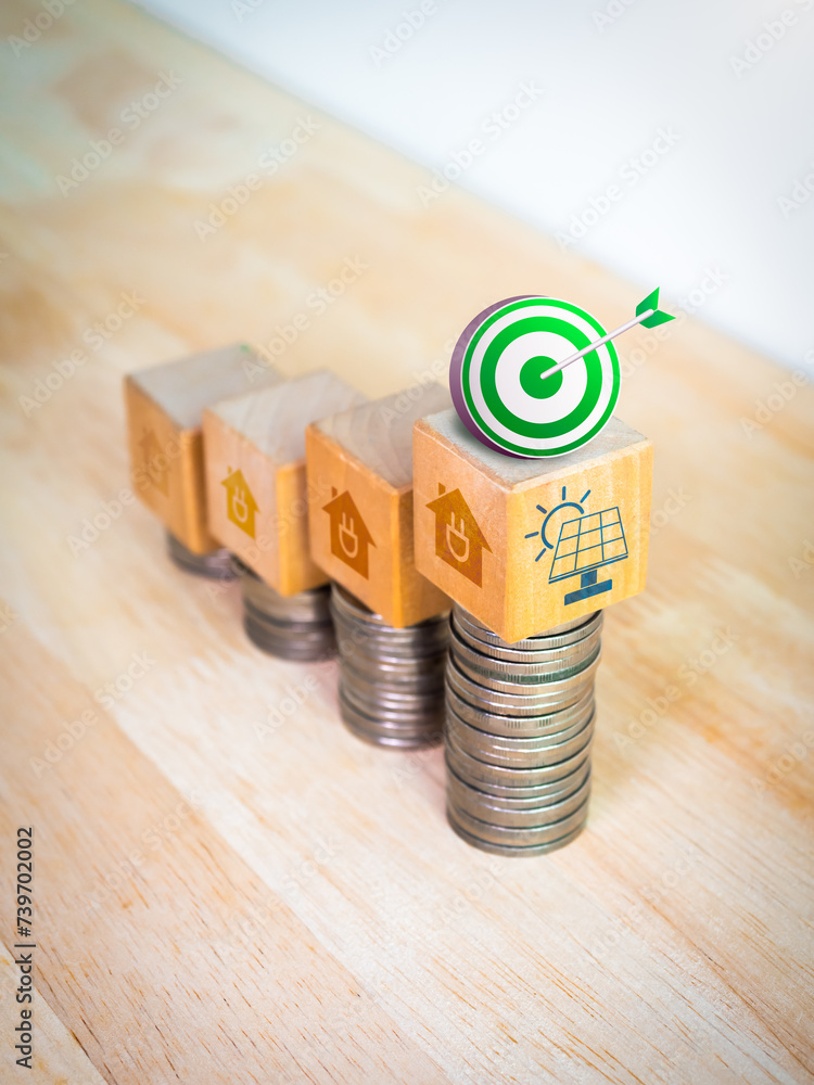 Poster green 3d target icon on wooden blocks and coin stack as business graph steps with home and plug, sol
