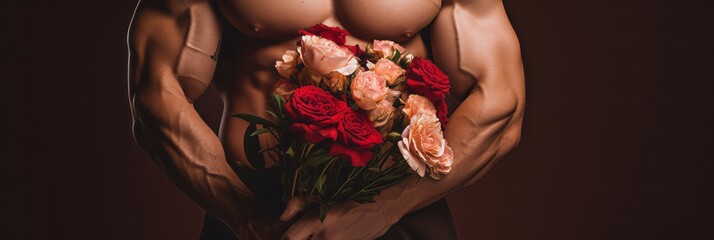 Muscular male arms hold a gift of flowers in their hands. Banner. - obrazy, fototapety, plakaty