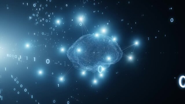 Futuristic digital human brain with binary code loop animation.