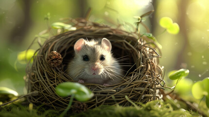A fluffy hamster peeking out from its cozy nest, ready to join in the festivities of National Pet Day with its adorable antics