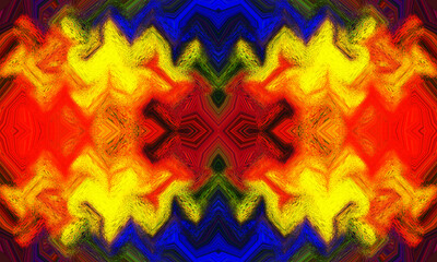 Bright yellow and red lights adorn this awesome seamless ikat pattern with tribal motifs - obrazy, fototapety, plakaty