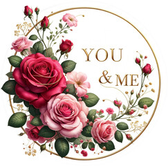 bouquet of roses with a heart : You & Me Romantic Roses Frame isolated on solid white background