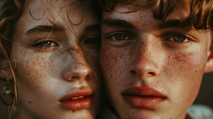 Macro fashion portrait of a young man and young woman faces together