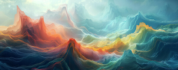 Abstract surrealism in a virtual landscape where mountains and valleys are made of cascading data and code - obrazy, fototapety, plakaty