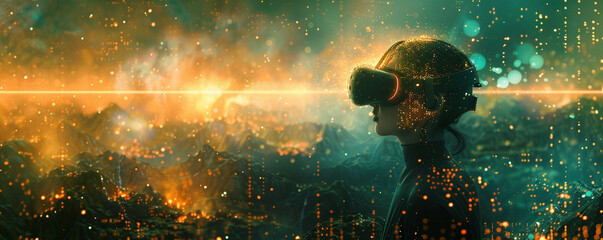 Cybernetic landscape depicted in an abstract background complemented by a virtual reality headset concept