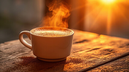 Capture the inviting allure of morning with a steaming cup of coffee on a wooden table, illuminated by golden sunlight, a great choice for AI generative designs. - obrazy, fototapety, plakaty
