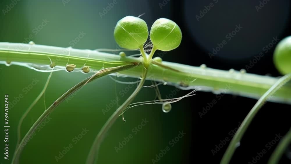 Poster a detailed of a plant stem growing in a balllike shape due to the absence of directional pull from g