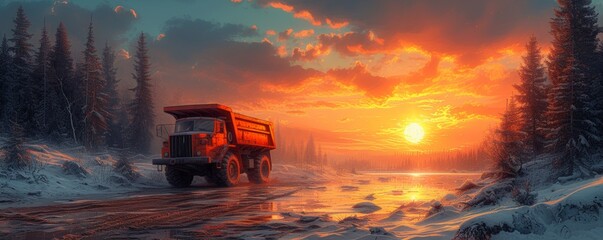 Truck driving at sunset in snowy landscape, winter transportation