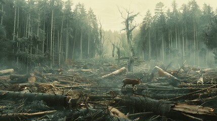 A grim visual of chopped forests with endangered species, underlining habitat destruction and threats to biodiversity