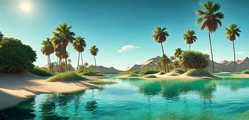 A hidden oasis in the desert with emerald-green waters, palm trees. AI Generated - obrazy, fototapety, plakaty