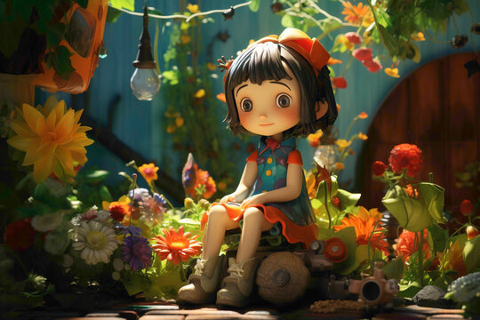 The 3D girl toy placed in a garden setting, surrounded by lush greenery and colorful flowers.