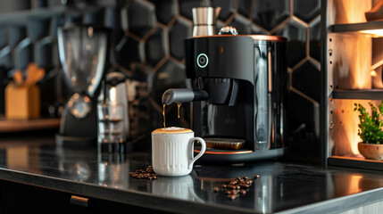 Aromatic coffee scene: stylish bar counter, fragrant ground coffee, coffee machine emitting steam. AI generative. - obrazy, fototapety, plakaty