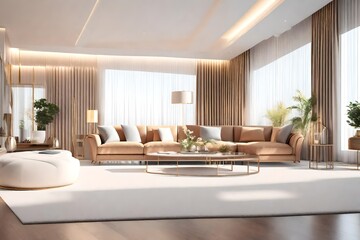 Living room interior for modern home, white soft, sofa on carpet,full wall window