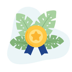 Medal flat vector Illustration icon decorated with leaves for web use for recognition, prize, winner, achievement