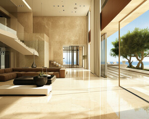Stylish and spacious living area in a rich house, featuring modern minimalist design. AI generative.