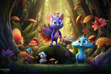 Obraz na płótnie Canvas Whimsical 3D cartoon animals in a fantasy forest, showcasing a variety of expressions and interactive scenes