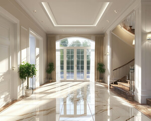 Stylish and spacious living area in a rich house, featuring modern minimalist design. AI generative.