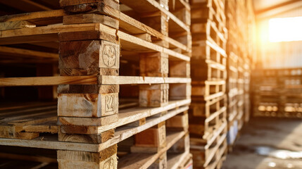 Experience the efficiency of industrial operations with a stack of wooden pallets at a factory warehouse, illustrating the importance of logistics and supply chain management. AI generative.