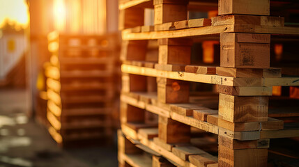 Witness the industrial process with a stack of wooden pallets at a factory warehouse, reflecting the seamless flow of materials and goods. AI generative.".