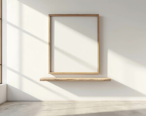 Discover the minimalist elegance of a blank room, accentuated by an empty frame and a wood shelf, creating a serene atmosphere with soft focal points and cottagecore charm. AI generative.