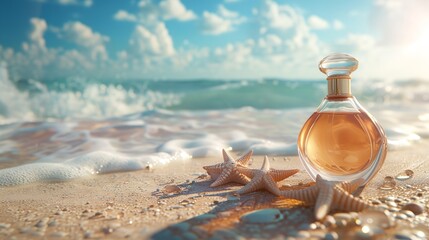 An unlabeled perfume bottle perched in the sand of a coast over the setting of the sea and space, Generative AI. - obrazy, fototapety, plakaty
