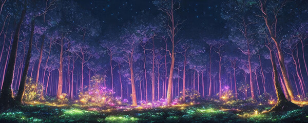 Obraz premium A mystical forest at night with luminescent plants. AI Generated