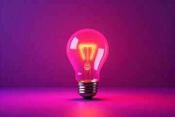 A vibrant 3D single creative bulb glowing brilliantly against a dark pink background, casting a soft light.