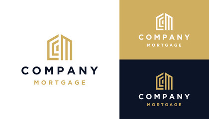 Golden Initial Letters CM M C MC Monogram with House Building For Apartment Real Estate Logo Design