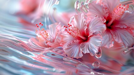 Blossom Flow: Wavy hibiscus blossoms undulate in a fluid flow, their soothing movements inspiring a sense of peace and serenity. - obrazy, fototapety, plakaty