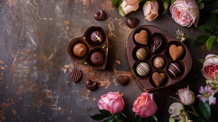Obraz na płótnie Canvas Luxury valentine chocolates in heart shaped gift box and tender flowers, Generative Ai