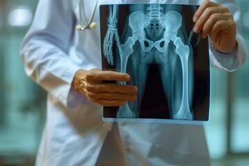 A doctor examines a patient's knee using MRI and bone CT scans in a hospital's radiology orthopedic unit in the background.