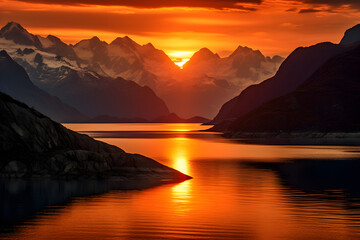 Stunning Vista of Fjord at Sunset: Mountains Reflecting on Calm Waters under Fiery Twilight Sky