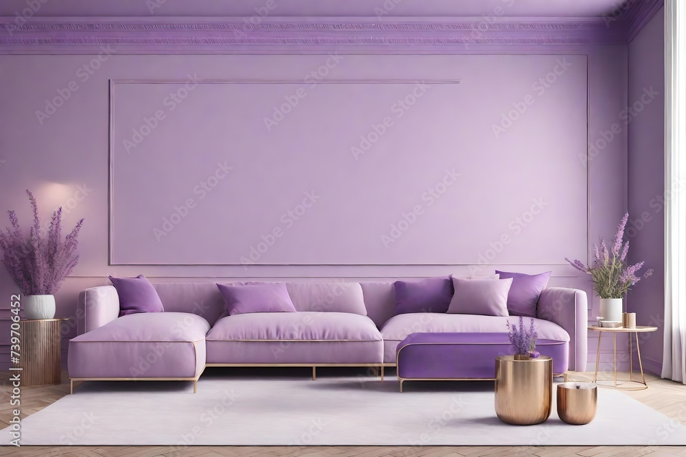 Wall mural Livingroom mockup with a lavender wall and dusty pale lilac color pillows - Wall murals