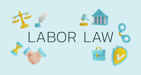 Labor law banner in 3D style, Legal justice service, litigation support, vector cartoon Law and jurisprudence symbols