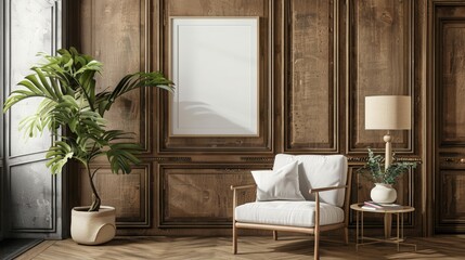 Horizontal wooden frame mockup in traditional style living room interior. Generative Ai