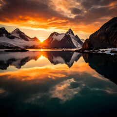 Fototapeta na wymiar Stunning Vista of Fjord at Sunset: Mountains Reflecting on Calm Waters under Fiery Twilight Sky