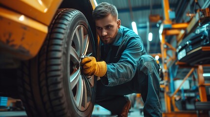 Auto mechanic in an auto repairs firms omitting a wheel on an auto and space, Generative AI. - obrazy, fototapety, plakaty