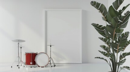 House mockup, frame in interior background, minimalist style living room, drum set and guitar set is in the corner of the room, 3d rendering.