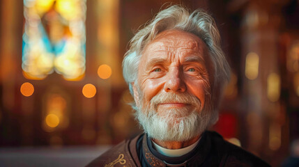 Portrait of a smiling senior man priest in an orthodox church - obrazy, fototapety, plakaty