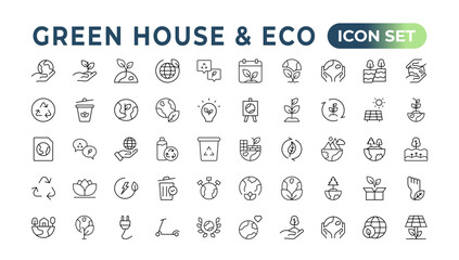 Eco-friendly related thin line icon set in minimal style. Linear ecology icons. Environmental sustainability simple symbol. Simple Set of  Line Icons.Global Warming, Forests, Organic Farming.