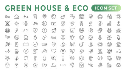 Eco-friendly related thin line icon set in minimal style. Linear ecology icons. Environmental sustainability simple symbol. Simple Set of  Line Icons.Global Warming, Forests, Organic Farming.
